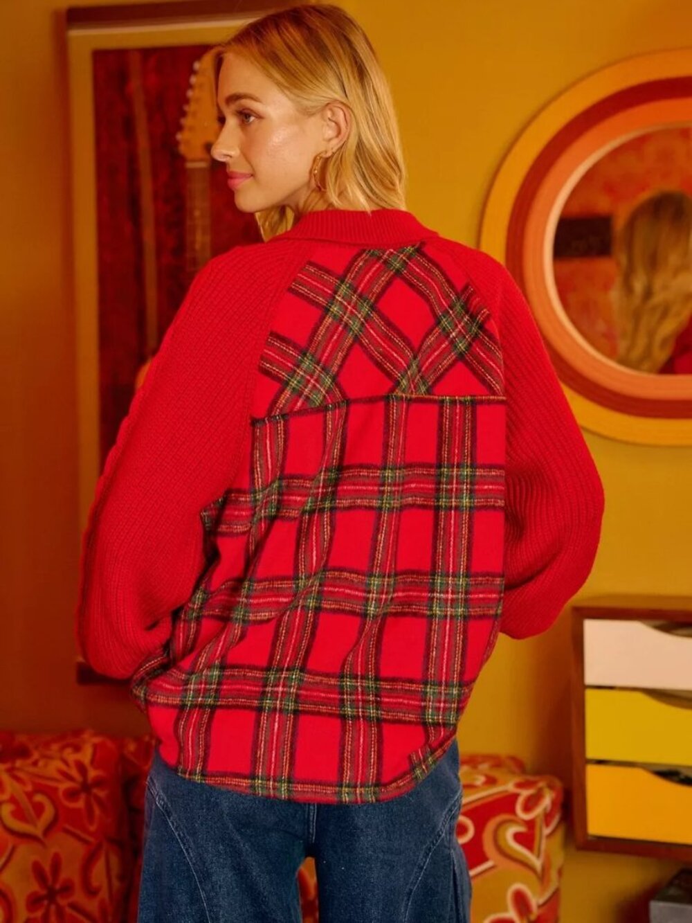 BiBi Plaid Buttoned Collared Top with Sweater Sleeve - Picture 9 of 9